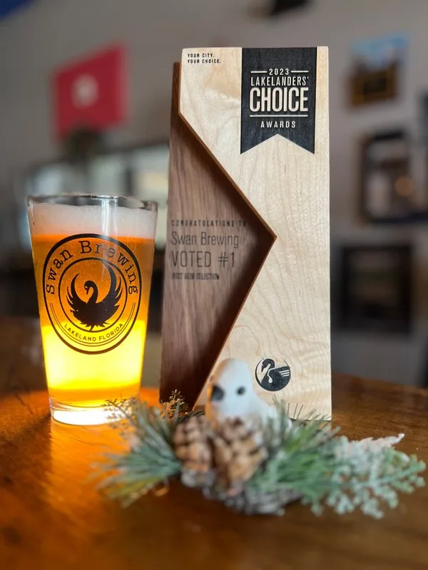 2023 Lakelanders' Choice Award — Swan Brewing voted #1 Best Beer Selection, with a Swan Brewing pint glass