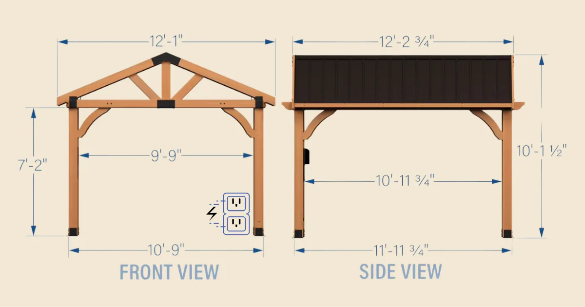 Front and side view schematic of the pop-up gazebo, 12 ft 1 in wide by 7 ft 2 in clearance height with an interior depth of 10 ft 11 and 3 quarter inches